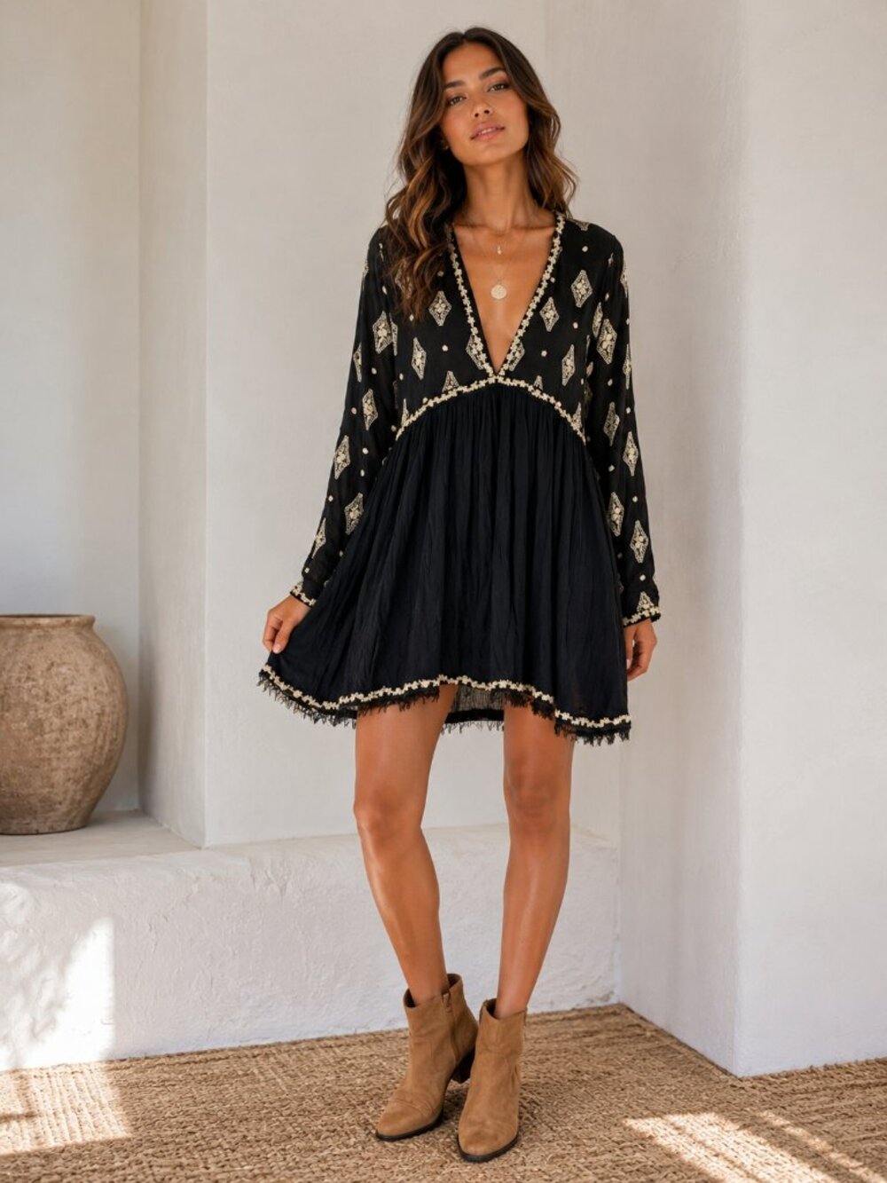 Free People Black Embroidered Boho Mini Dress
